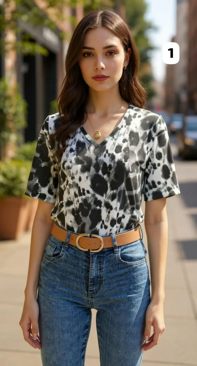 Remera amplia cuello V de morley print Mila cuello fino