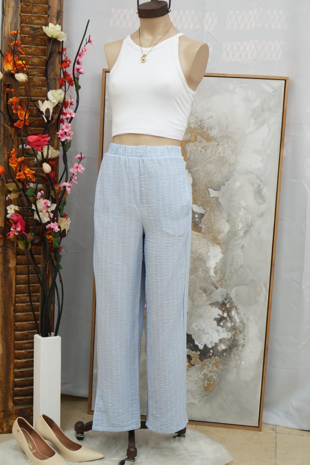 Pantalón de lino rayado con tajo mirtha