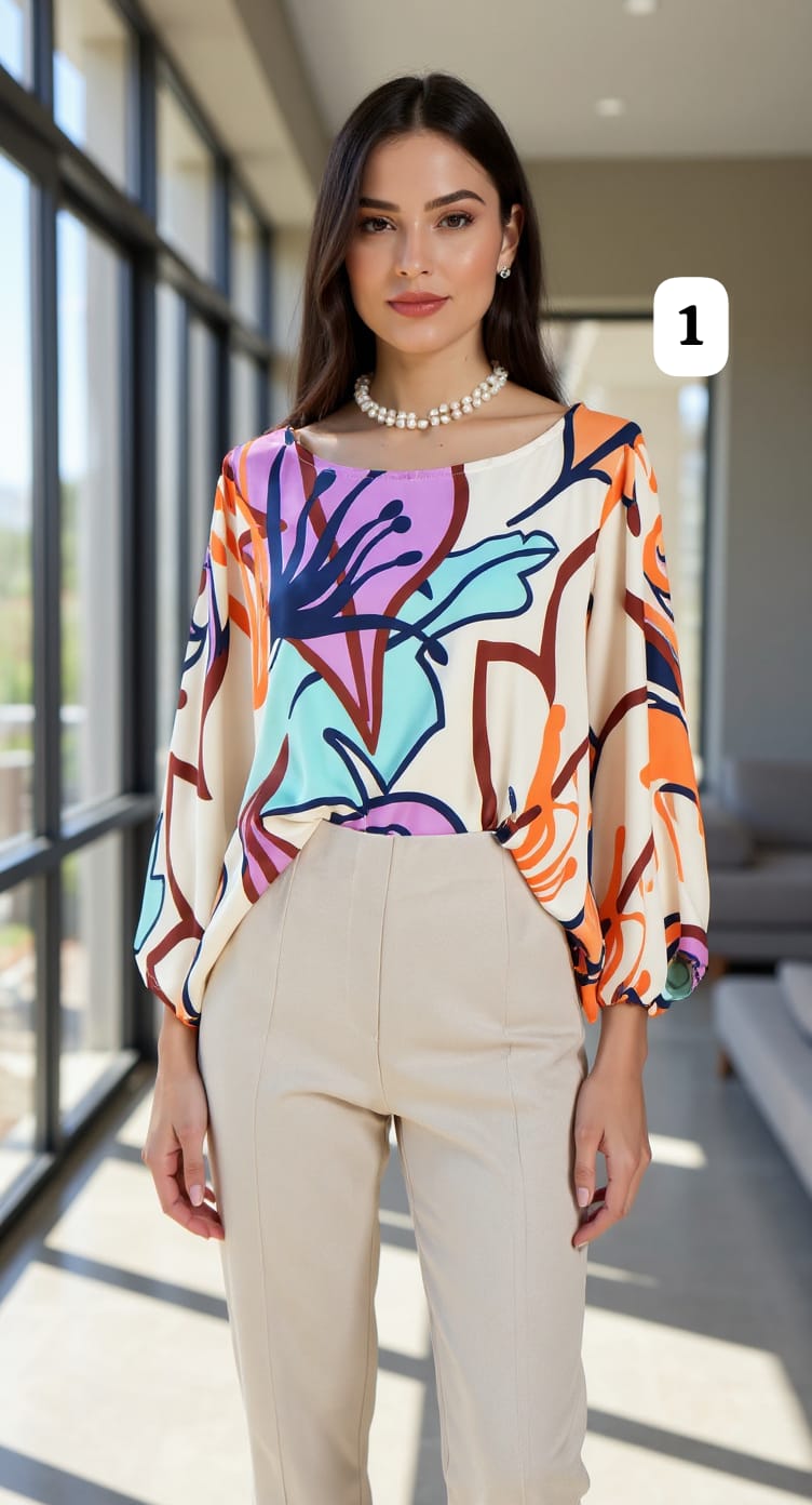 Blusa de saten estampado manga amplia Kelly