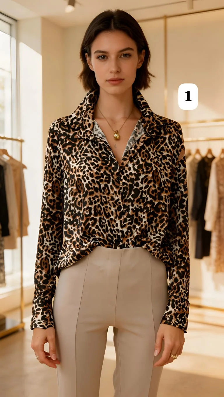 Camisa de saten Premium animal print Manga larga con puño Ancho Karly