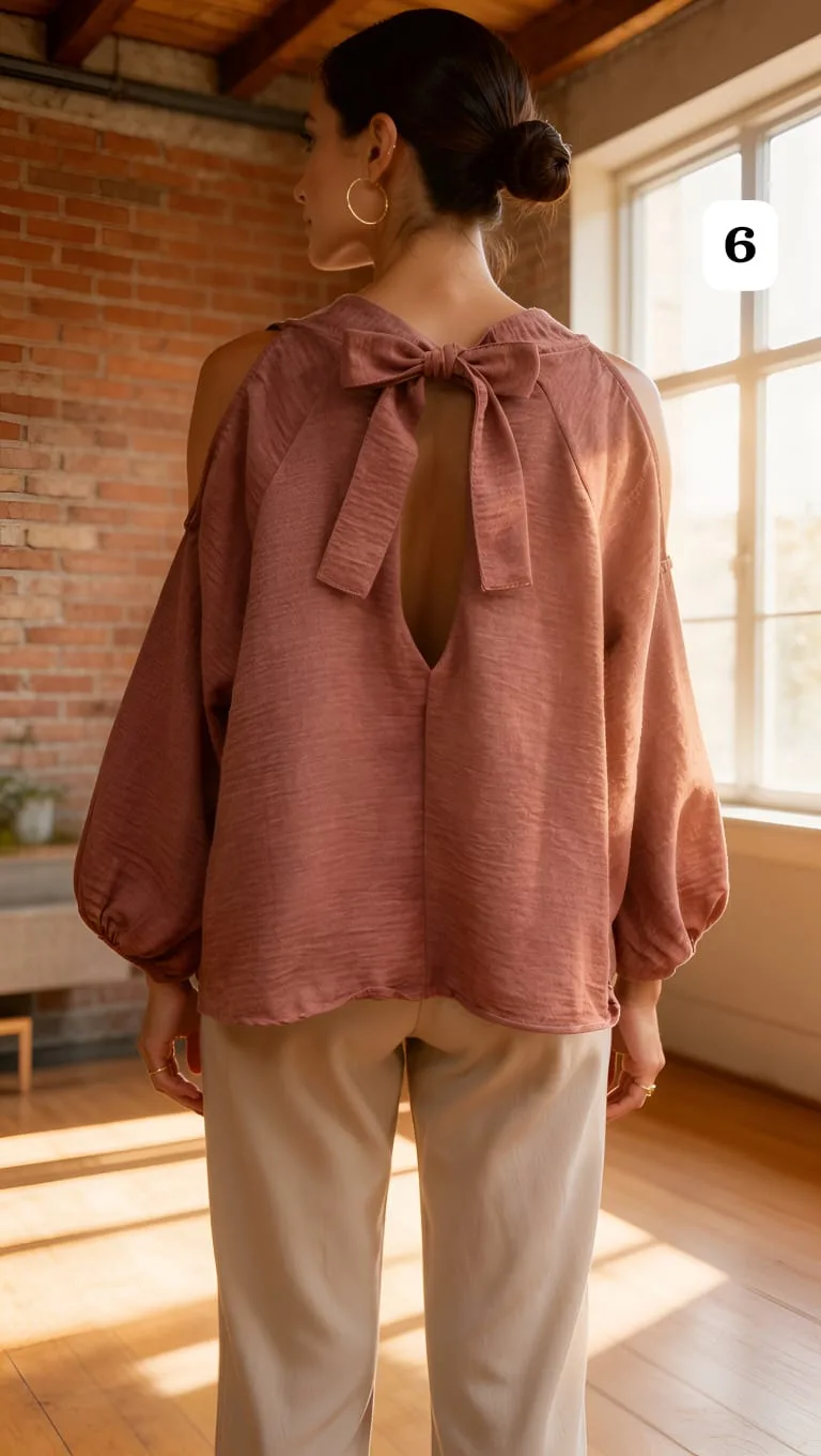 Blusa de lino cey con arandelas en el cuello lazo atrás y abertura en los hombros cloe - Imagen 6