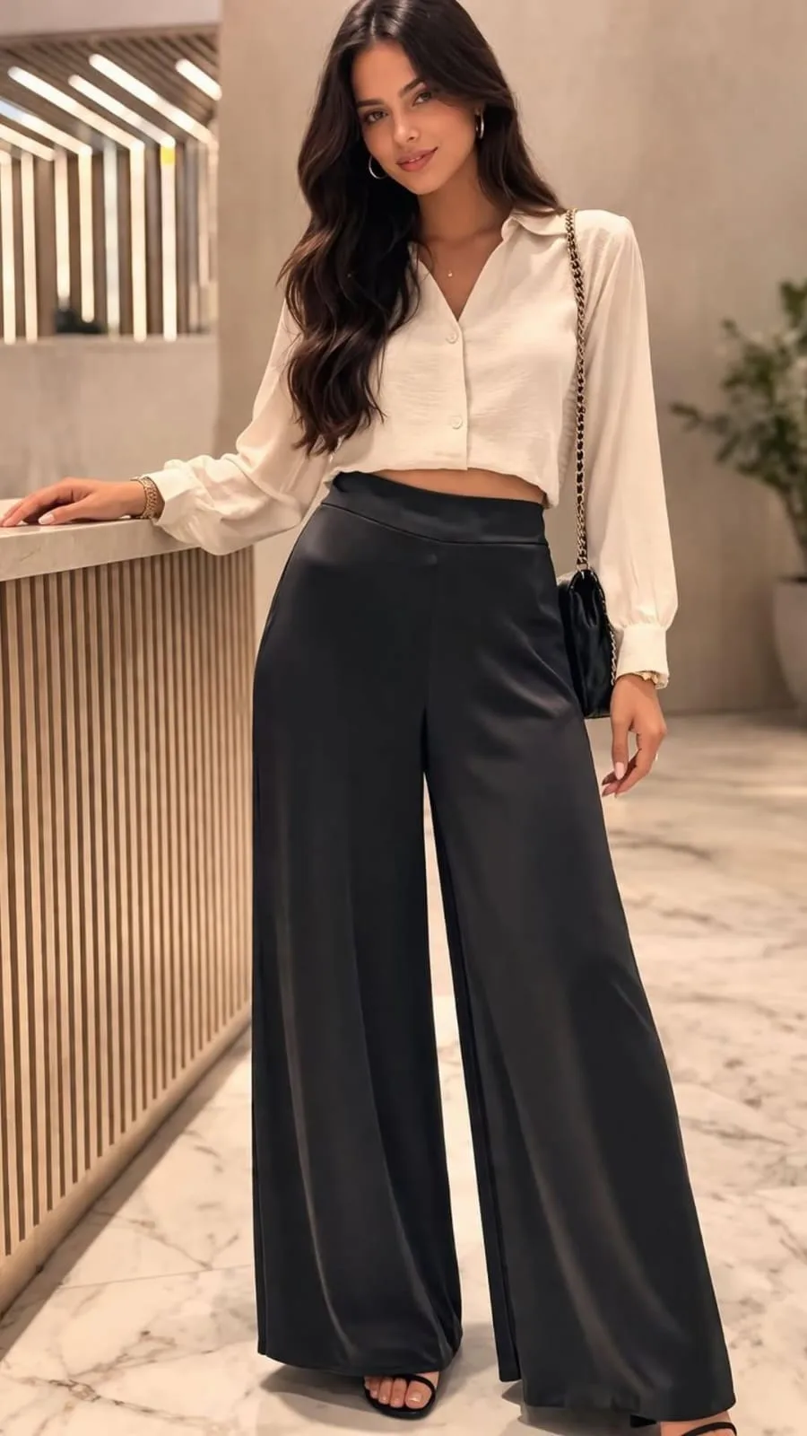 Pantalón saten con elastico atras y bolsillo