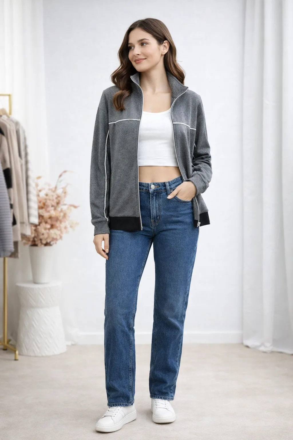 Alternative view of Campera de darlon liso con cuello media polera líneas Ender