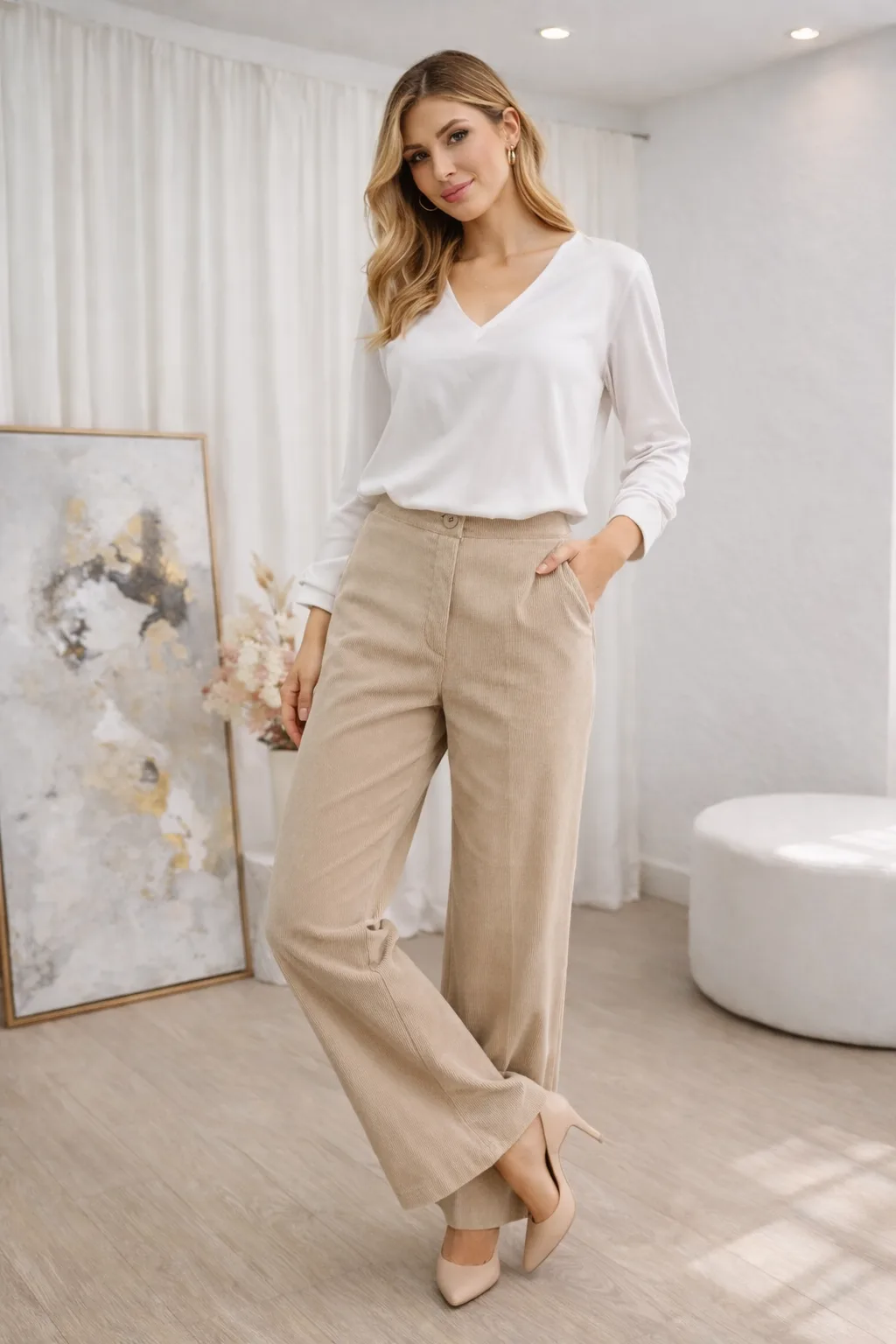 Pantalon botas ancha de corderoy sin pinzas franchesca modelo wide leg
