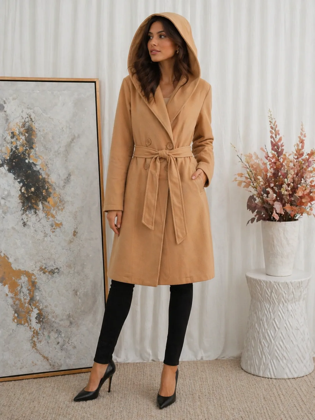 Saco capucha de paño con cinto y boton Cruzado Alice