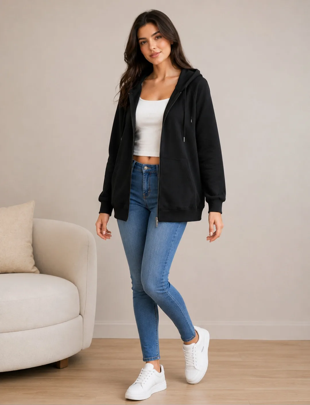 Campera de Darlon liso con capucha y cordón loa - Negro, 4