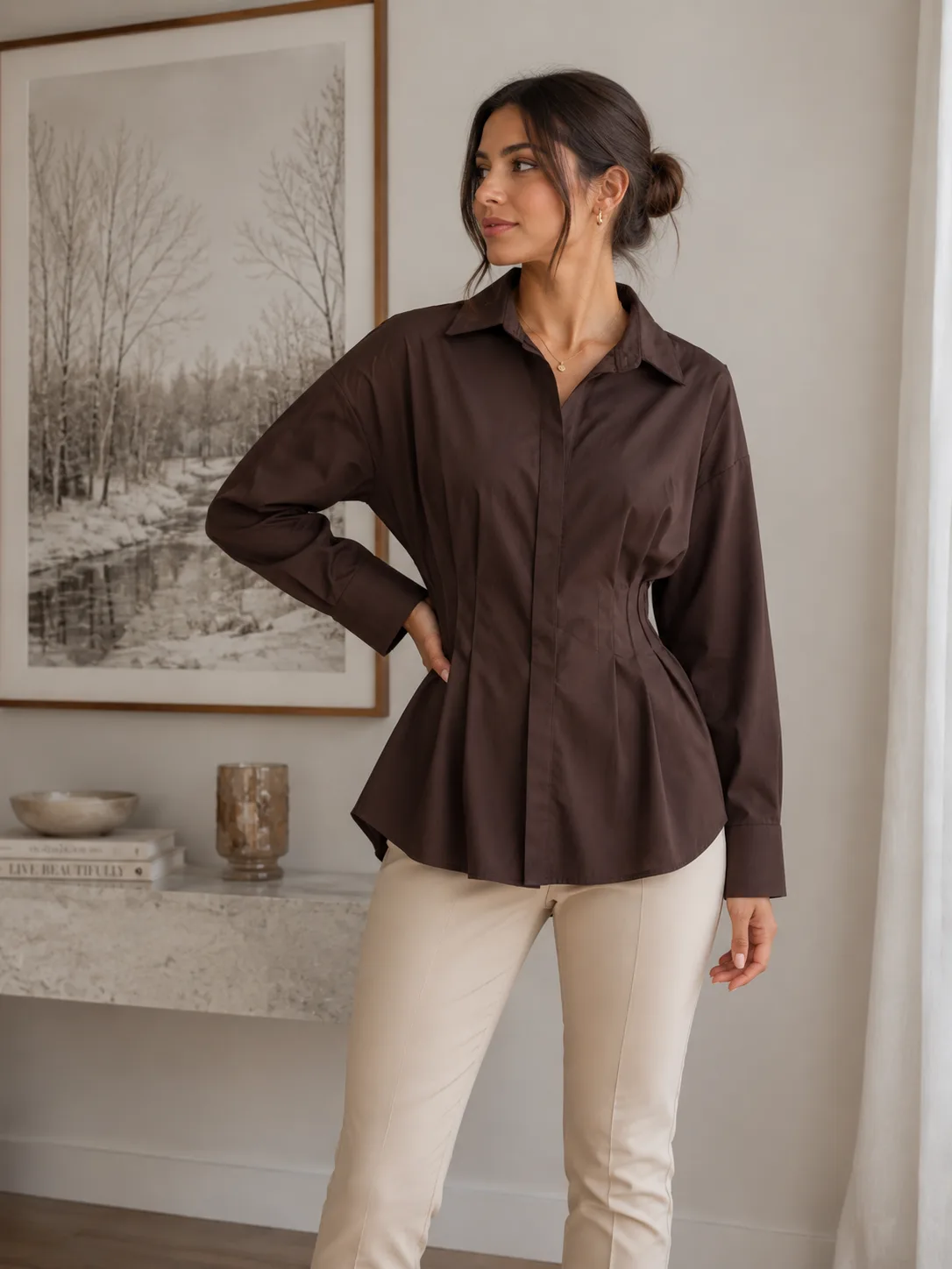 Camisa manga larga tableada en la cintura de poplin liso vivian - Chocolate, 3