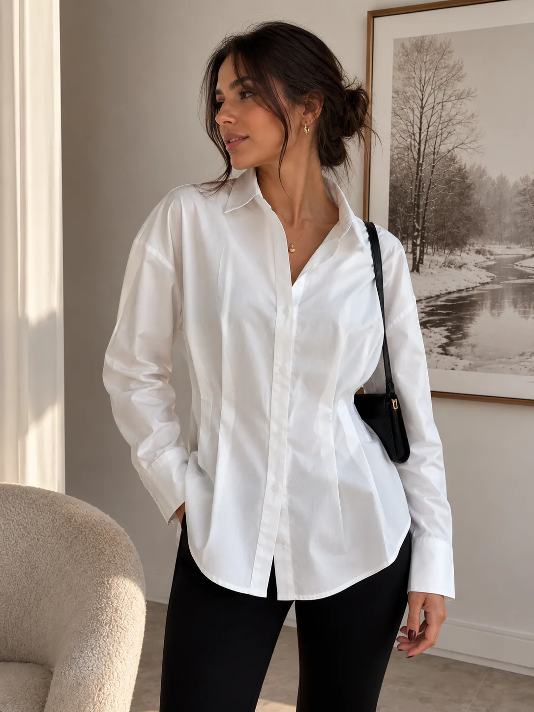 Camisa manga larga tableada en la cintura de poplin liso vivian - Blanco, 4