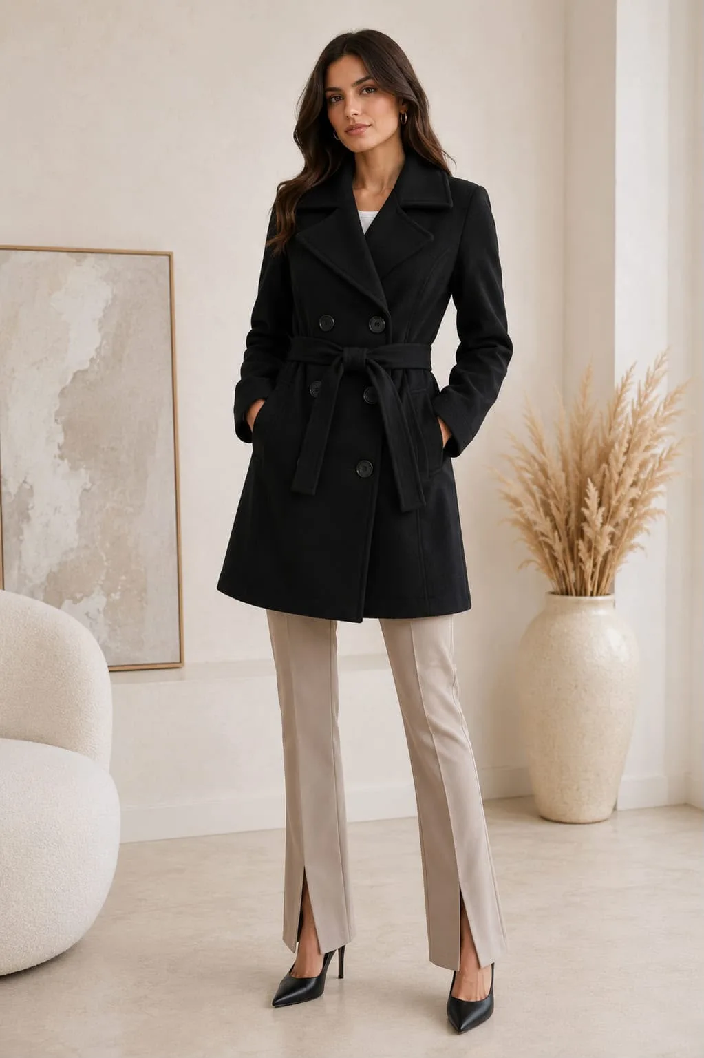 Saco de paño con lazo y botones briana - Negro, 2