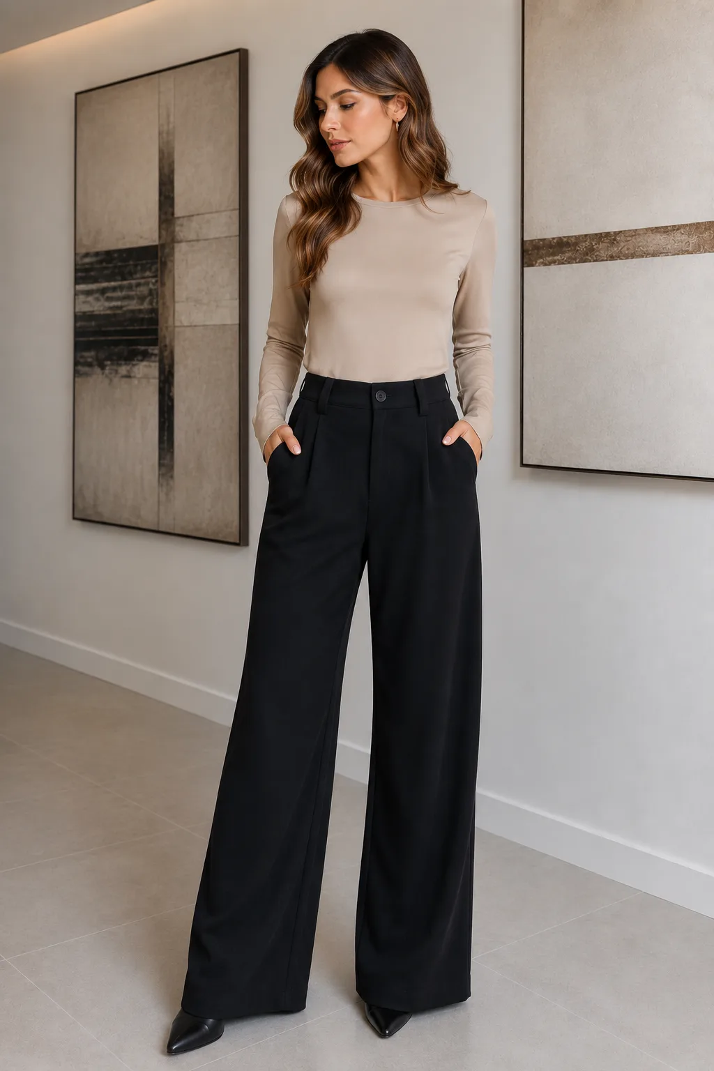 Pantalón estilo gamuzado con pinzas elástico atrás y pasacinto zara - Negro, 3