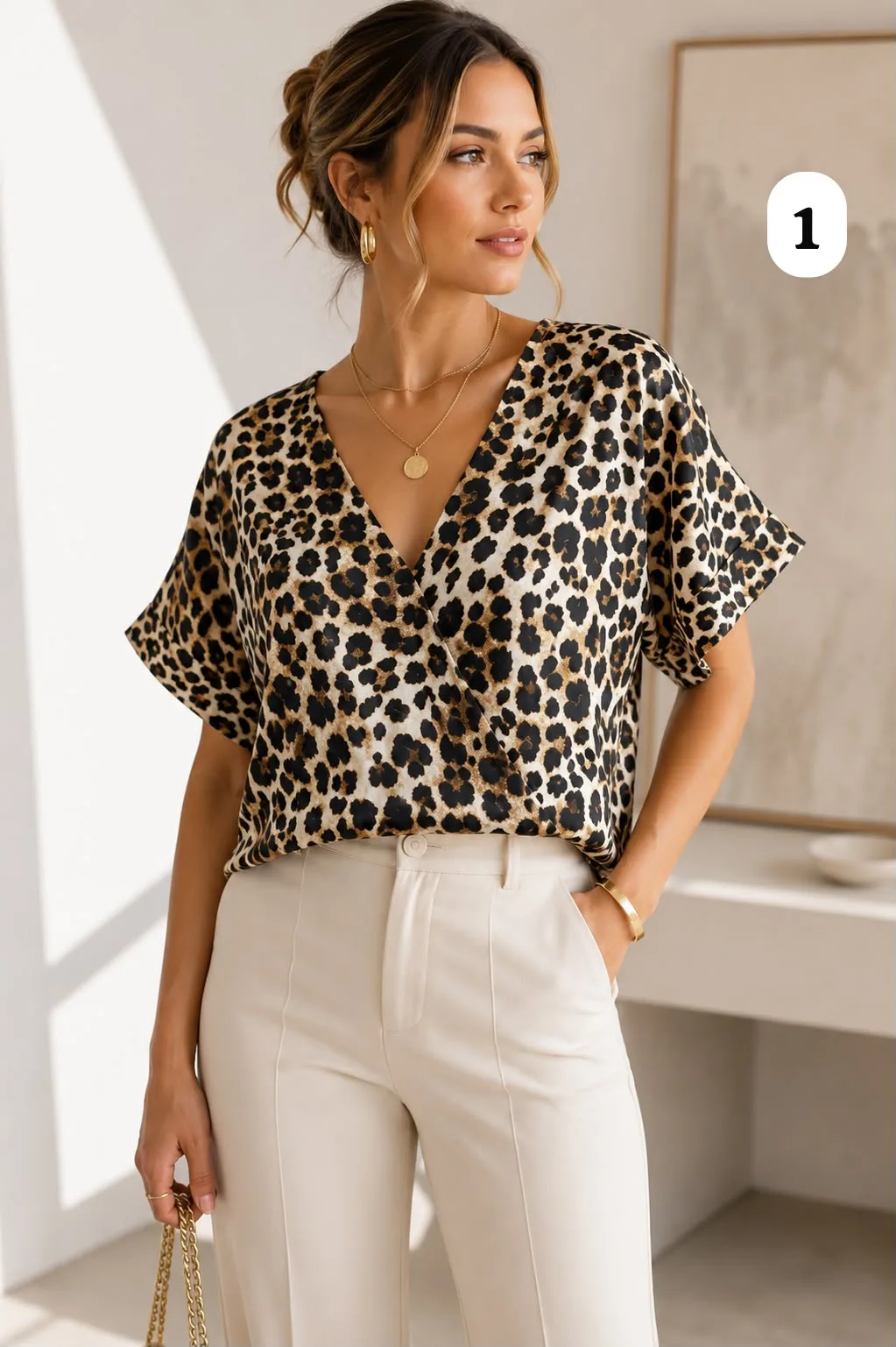 Blusa de satén Print en V manga caído Yicel