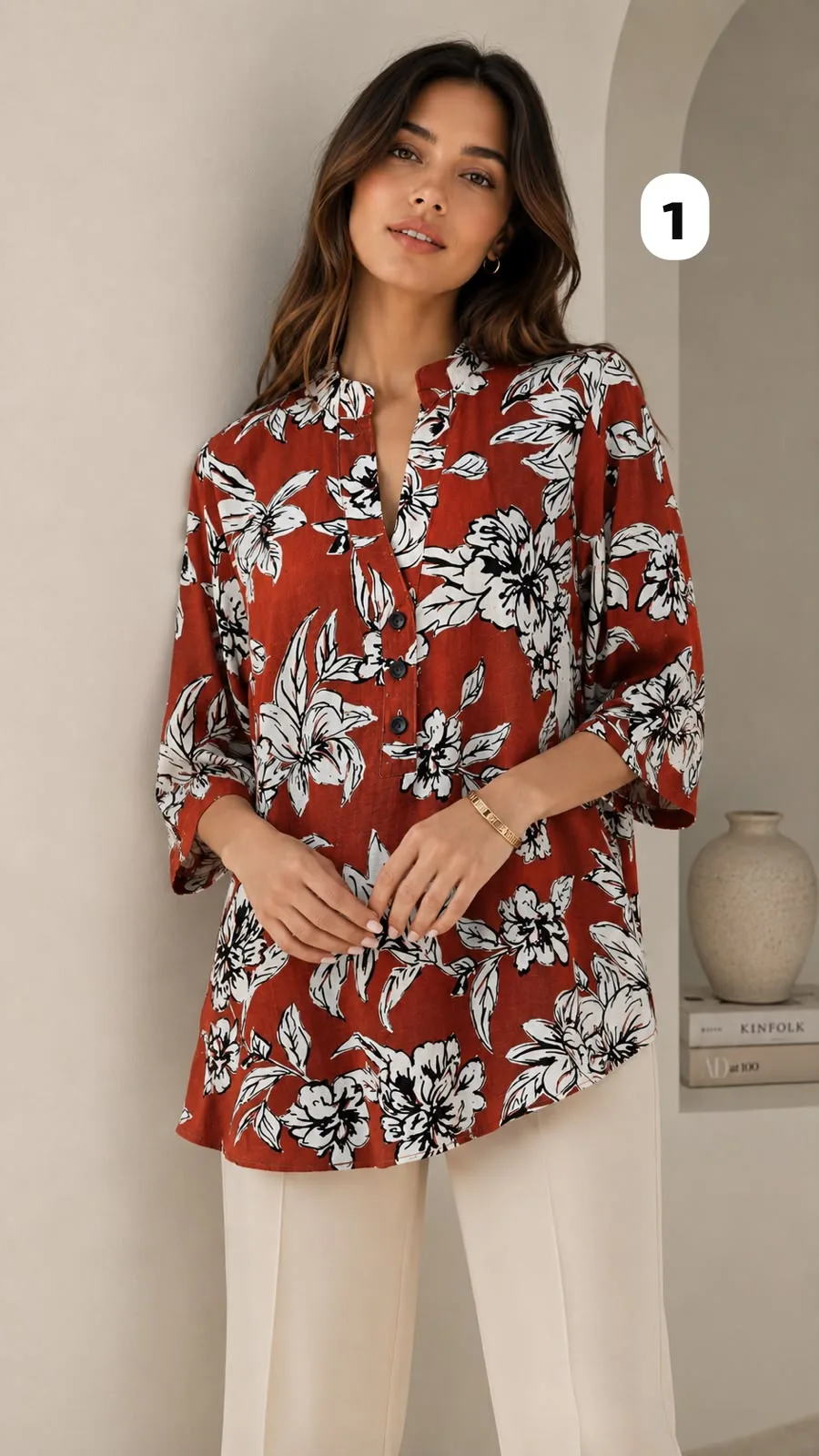 Camisola cuello mao de lino estampado manga 3/4 Agostina