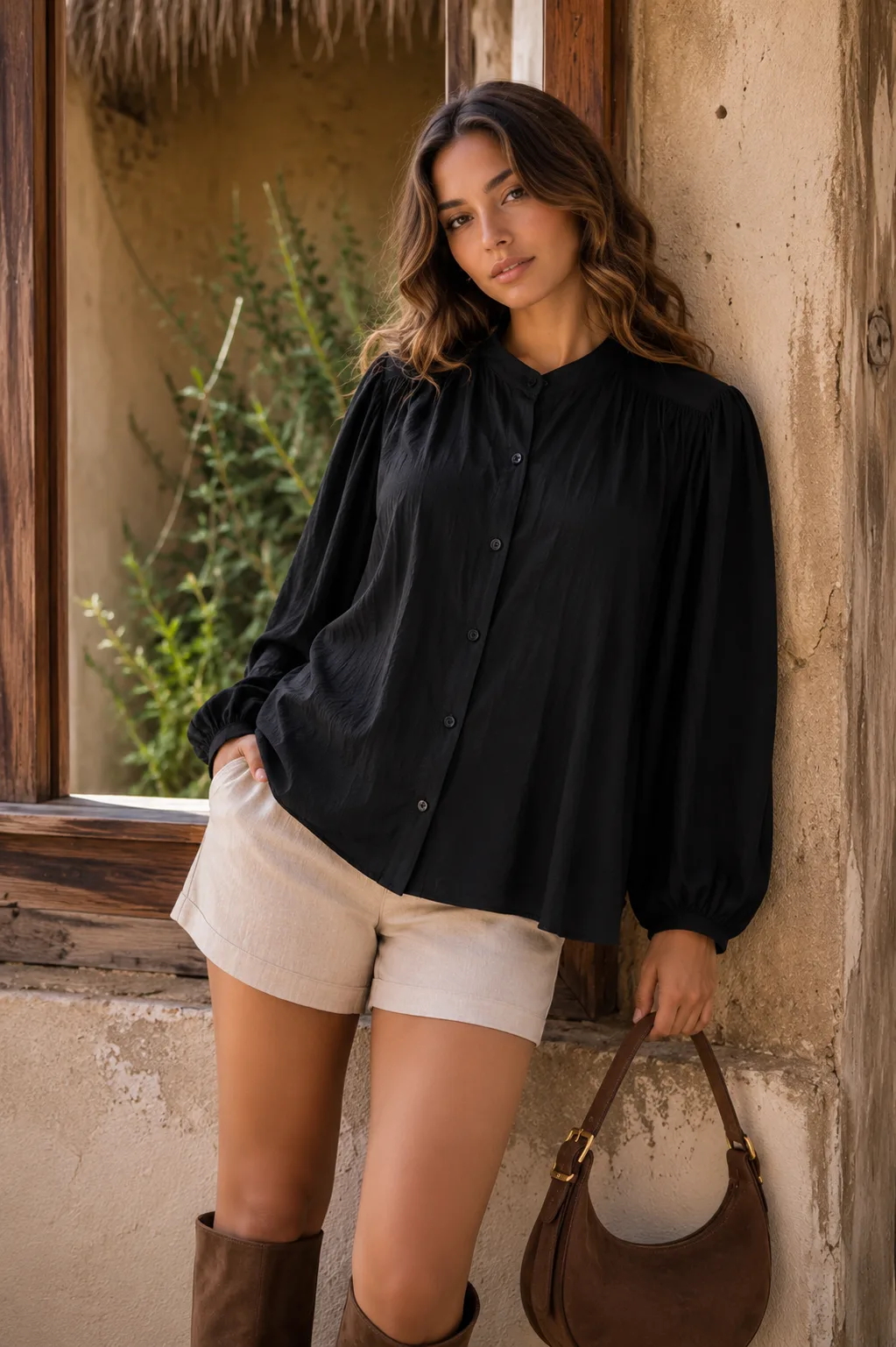 Camisa cuello mao alto de Emilia liso manga larga con canesú en frente Lizzy - Imagen 4