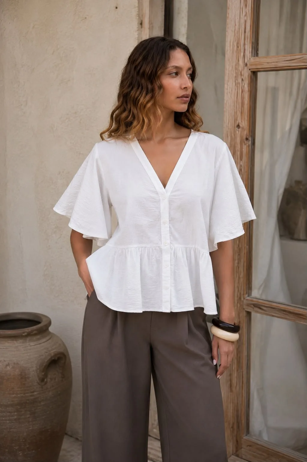 Camisa manga corta escote V con vuelo en la cintura de bambula Rous - Imagen 4