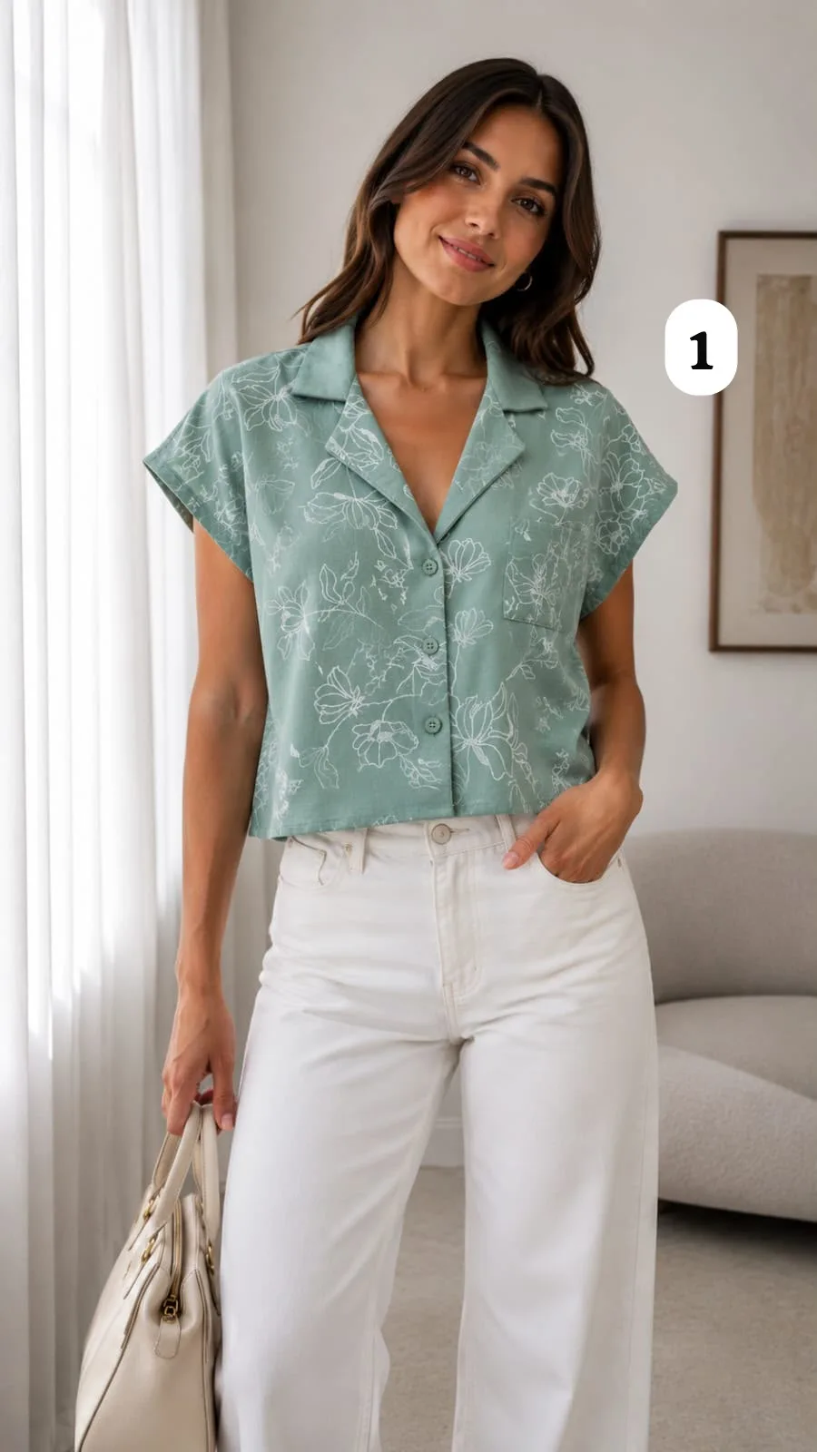 Camisa manga corta escote V con un bolsillo de lino bordado