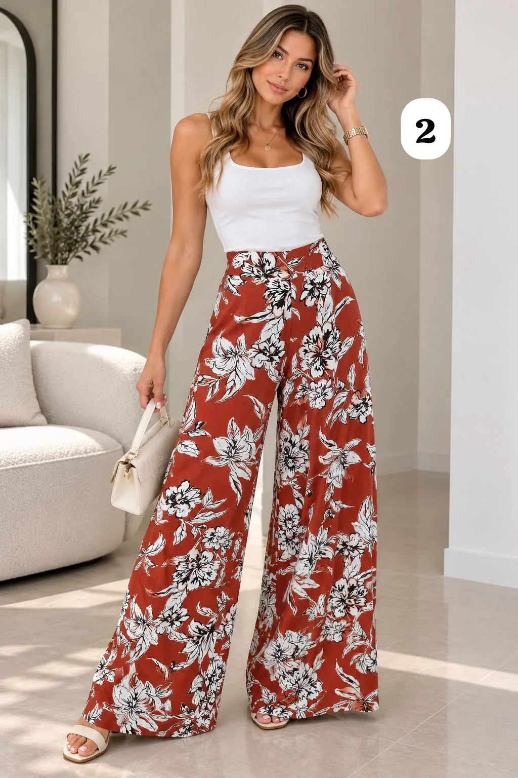 Maxi palazo con bolsillo y elástico atrás de lino estampado Marisa - Gaby Chic