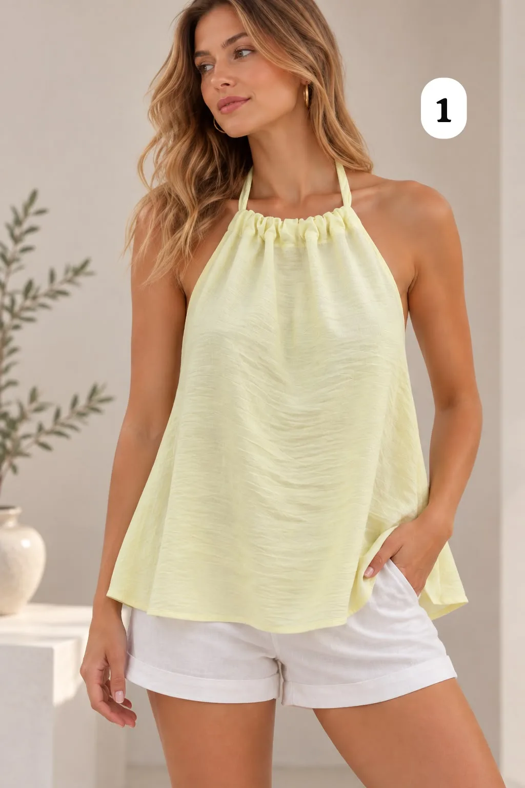Musculosa cuello Halter fruncido con lazo de bambula Anna - Gaby Chic