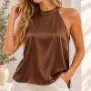 Musculosa trapecio con lazo en el cuello de saten liso malena - Gaby Chic